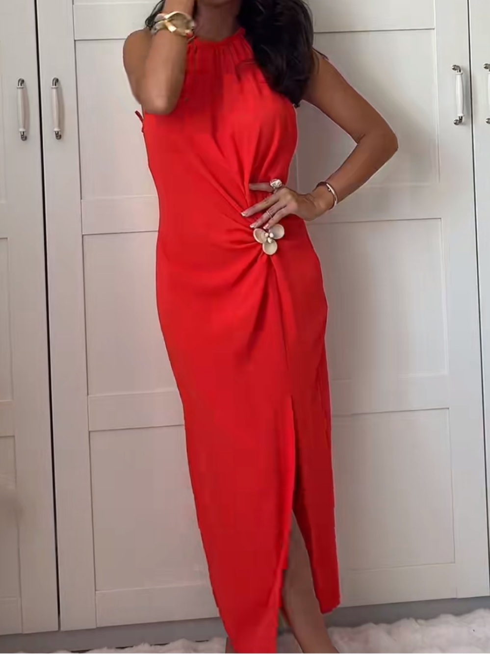 Zara Red Halter Maxi Dress with Side Slit